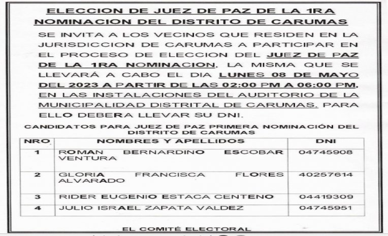 ELECCION DE JUEZ DE PAZ DE 1RA NOMINACION DEL DISTRITO DE CARUMAS